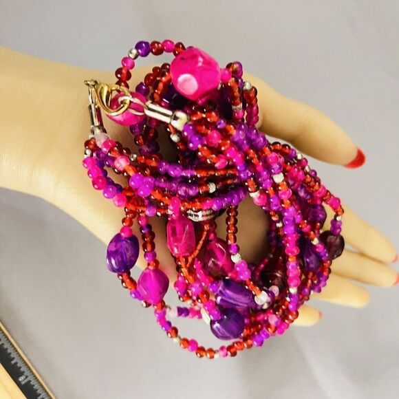 Vintage Multi Strand Glass Lucite Necklace Glass Purple Pink Shade Beads 4713 - Picture 6 of 10